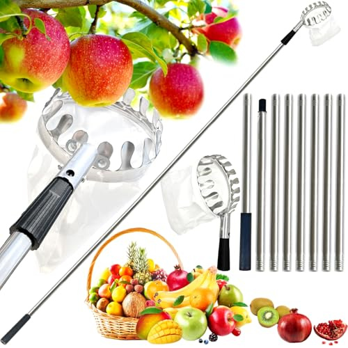 Obstpflücker mit Teleskopstiel,Jusduit 3.2M Apfelpflücker Obstpflücker mit Stoffbeutel,Obstgreifer Einfach zu Montieren,Kirschpflücker,Obstsammler für Ernteernte Apfel Orangen Pfirsichbirne Kirschen