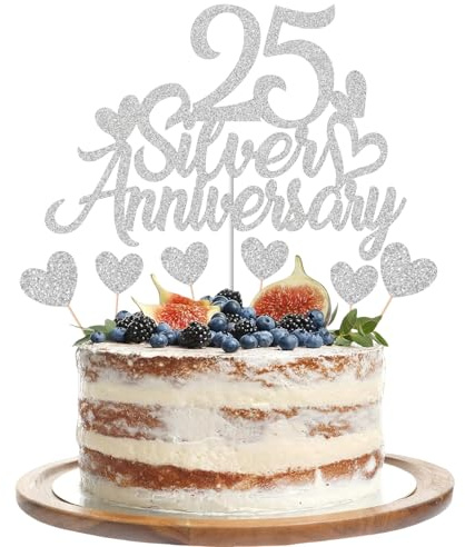 Gidobo 25th Silver Anniversary Cake Toppers, Glittery Cake Decorations with Love Heart Pick for 25th Wedding Anniversary Party Supplies