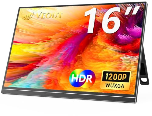 Veout Monitor portátil de 16 Pulgadas, 1920 * 1200 FHD, Monitor IPS Gaming para portátil/PC/Mac/PS5/Xbox con USB-C y HDMI, Pantalla ultradelgada con Soporte, 16:10, 300 CD/m² de Brillo