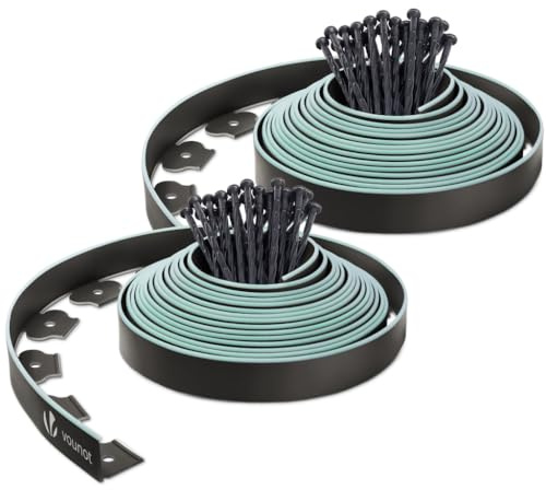 VOUNOT® Plastic Lawn Edging Border with 60 Ground Anchors, 20m Flexible Garden Edging Strip for Grass, Paths, Gravel or Flower Beds, Weatherproof Landscape Border, 5cm High, Black & Green Outline Edge