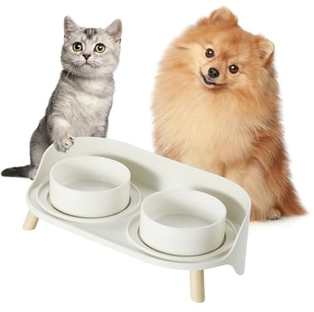 Hundenapf Set Erhöht Hunde Napfset - Doppel Fressnapf Hund Keramik mit Spritzschutz Ständer - Hundenäpfe 2er Set für Futter und Wasser - Futterstation für Kleine Hunde und Katzen - 2 x 300 ml - Weiß