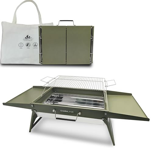 Charmline 50,8 x 35,6 cm großer Desktop-Holzkohlegrill, Hebbares Grillnetz, platzsparender Grill für drinnen und draußen, BBQ Grill für Camping, Garten, Picknick, Strandpartys, Grün, Max