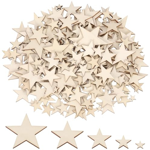 Mardatt Unfinished Wood Star Slices, 300 Stück 5 Größen unvollendete hölzerne Sterne für Handwerke, hölzerne Sternausschnitte Scheiben, leere unvollendete hölzerne Verzierungen hölzerner Stern