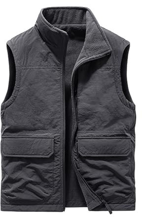 Herren-Fleece-Weste, Angelwesten für Herren, leichte Winterweste mit mehreren Taschen, leicht, ärmellos, Weste, Jacken, Stehkragen, Bodywarmer Weste, Pufferweste, Baumwolle, gepolsterte Weste, grau,