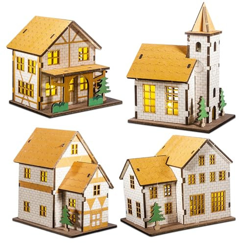 Skeadex Weihnachtsdeko Häuser, 4 Stück Holzhäuser Deko mit LED Leucht, Weihnachtsdorf mit Beleuchtung Wichtel Haus Deko Häuschen, Miniatur Haus Deko Holzhaus Mini Weihnachtsstadt für Tischdeko