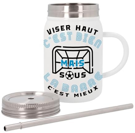 Mug Isotherme en Inox avec Couvercle et Paille - Viser haut Mais sous la barre Sport Foot Ballon But - 500 ml - Tasse Thermo