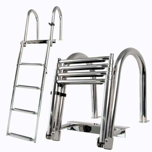 Manumarine 4 Step Heavy Duty 316 Stainless Steel Boat Ladder | Telescoping Folding Rear Entry Dock Swim Deck Ladder with Handrails & Extra Wide Steps, 600lbs Capacity Marine Grade