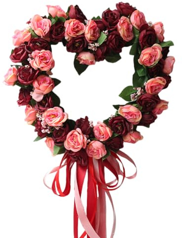 JOYWU Heart Shaped Rose Wreath,35cm Valentine’s Day Floral Wreath with Ribbons,Artificial Rose Flowers Wreath,Heart-Shaped Wreath for Front Door,Valentine’s Day Wedding Decoration (Red-1)