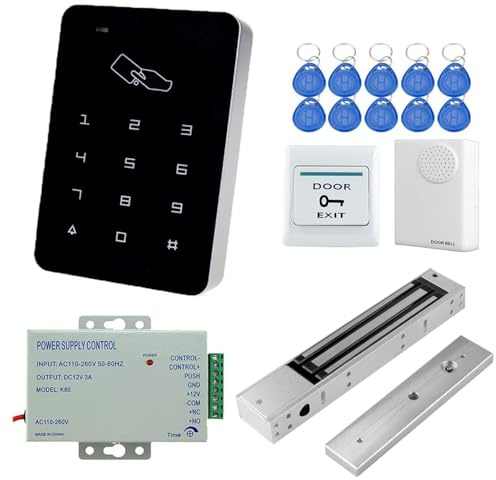 YAVIS Full Kit de Clavier de Contrôle D'accès 125KHz EM ID RFID Lecteur de Proximité, 280kg/600lbs éTanche Serrure Magnétique éLectrique, Alimentation 110-240V 3A, Sonnette de Porte, Boutons, 10 Clés