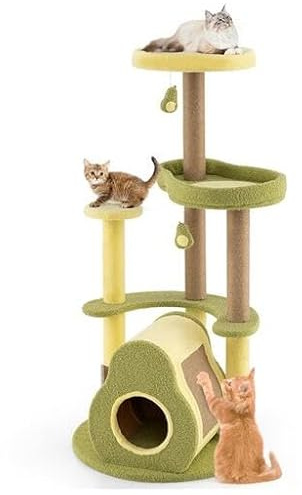 GOPLUS Árbol para Gatos Alto de 160 cm en Forma de Aguacate con Cama, Plataformas, Perchero y Rascadores de Yute, Mueble con 2 Bolitas Colgantes y 1 Cepillo