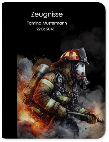 CreaDesign Zeugnismappe A4 mit Namen personalisiert – Feuerwehr Junge – für Jungen – Dokumentenmappe Schule ohne Klarsichthüllen
