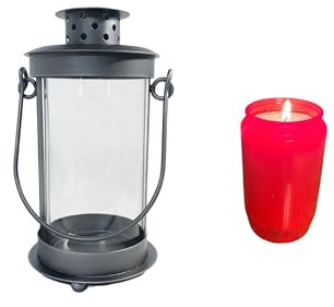 Mariles Laterne mit Griff zum Stellen wetterfest Grablaterne Grablicht Grableuchte Friedhofslaterne Windlicht Gartenlaterne Gartenlicht Garten Grab - Silber/Rote Kerze - 17 cm