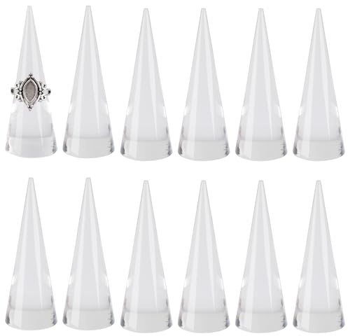 ANNASAMDO 12 Stück Ringständer Acryl transparent Turmform 25x70mm | Konisch leicht platzsparend. Gleichzeitig mehrere Ringe aufnehmen. Pflegeleicht glatt abwischbar. Für Kommode Boutique Messe.