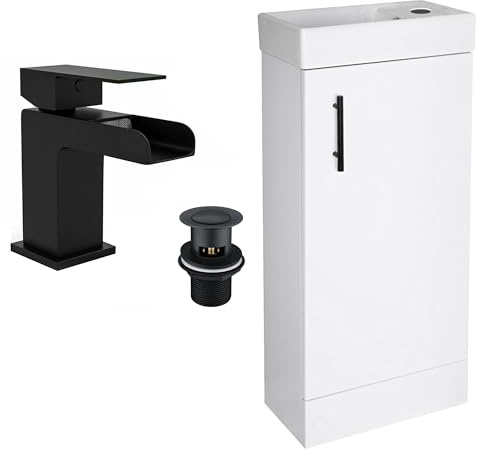 The Home Store 400mm White Floor-Standing Vanity Basin Unit with Matt Black Mixer Tap Waste and Matching Handles