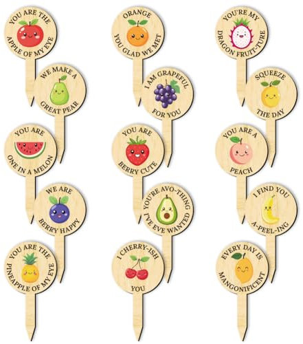 arricraft 15 etiquetas divertidas de madera para plantas, 15 estilos de melocotón, plátano, uva, cereza, etiquetas de jardín con texto divertido sobre marcadores de madera de frutas para interiores y