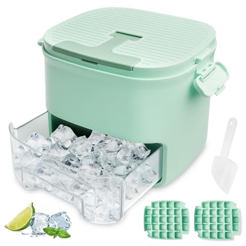 Eiswürfelbehälter mit Deckel – Eiswürfelform 52 Eiswürfel, Eiswürfelbereiter Eiswürfelbox mit 2 Eiswürfelschalen, Eiskübel & Schaufel – Food-Grade PP Eiswürfelbehälter für Gefrierschrank (Grün)