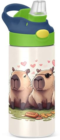 JUMBEAR Bouteille d'eau isotherme avec couvercle à paille en acier inoxydable pour garçons et filles - Motif trois Capybaras - 350 ml