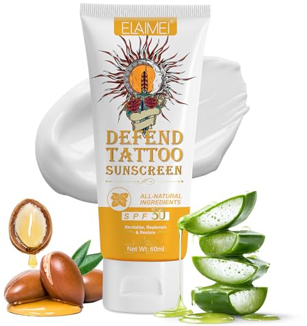 VRAIKO ELAMEI Tattoo Sunscreen SPF 30+, 70% Natural Ingredients Tattoo Fade Protection Moisturizer with Aloe, Argan Oil, Rose Hips Oil, Cocoa Butter, Non-Greasy Formula, 2oz