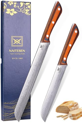 Naitesen 2PCS Serrated Bread Knife Set, Razor Sharp for Homemade Bread Slicing Cutting Baguette, Sourdough Bread, Bagels, Cake Gifts for Men Women