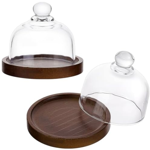 nbeads 2 Pcs Petit Présentoir à Gâteaux avec Base en Bois, Support a Gateau en Rond Cloche en Verre Transparent pour Dessert, Fromage, Bonbons, Plantes Succulentes, 10.4×10.4×9cm