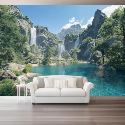 Fototapete 350 x 256 cm, Natur Landschaft See Berge Tapeten Vliestapete Modern Wandtapete für Wohnzimmer Schlafzimmer TV Hintergrund Kinderzimmer Büro Wanddeko Motivtapeten, Braunes Grün