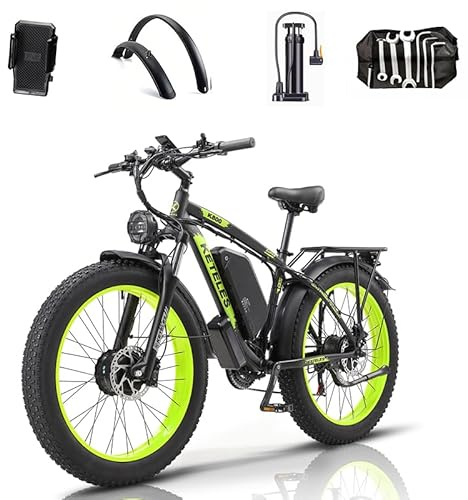 QIKAITU Elektrofahrrad mit Doppelmotor, Straßenzulassung, 250 W, elektrisches Mountainbike, 26 x 4 Zoll, Fat Tire Ebike, 48 V, 23 Ah, herausnehmbarer Akku (Black-Green)