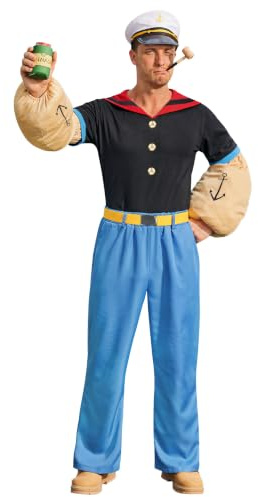 Mainfini Herren 7-teilig Popeye Kostüm Halloween Deluxe Komplettes Set Matrosen Outfits (S-XXL)