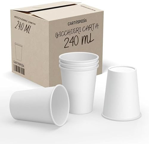 CARTOSPEDÌA - 500 Bicchieri Carta Da 240 ml, Biodegradabili e Compostabili, Usa e Getta, Monouso, Ecologici per Acqua, IDEALI PER Bevande Calde/Fredde, Feste e Asporto