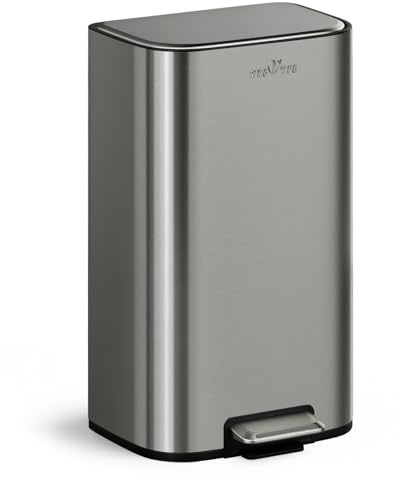 mVm 30L Kitchen Bin,Stainless Steel Trash Bin with Lid,Heavy Duty Step Trash Can with Inner Bucket,Soft Close and Stays Open,Smooth Edge Garbage Bin for Home Office