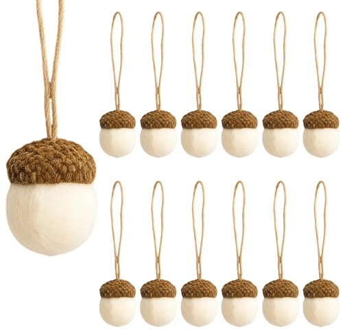 JazRvr Weihnachtsbaum Deko, 12 Eicheln aus Wolle, Baumschmuck Weihnachten, Handgefertigte Tannenzapfen, Weihnachtsdeko für Baum und Tisch, 3.5 cm x 2.5 cm