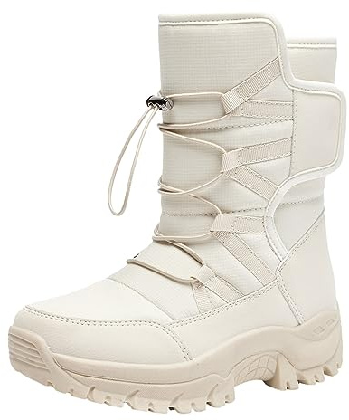 Botas de invierno para mujer, botas de nieve, botas de hombre, botas de invierno cálidas, acolchadas, antideslizantes, planas, impermeables, tacón de piel para invierno y exterior, beige, 38 EU
