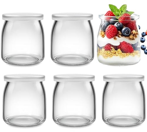 UQMIQURA Lot de 6 pots à yaourt en verre transparent de 200 ml avec couvercle, petits pots à yaourt, sans BPA, polyvalents, pour yaourt, dessert, pudding, confiture