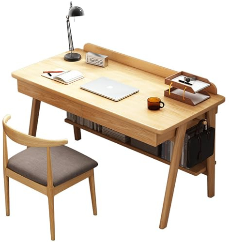 Scrivania da ufficio moderna in legno massello con cassetti e ripiani, semplice tavolo da studio per casa, spazio di lavoro, scrivania per computer, 100 cm, elegante e funzionale