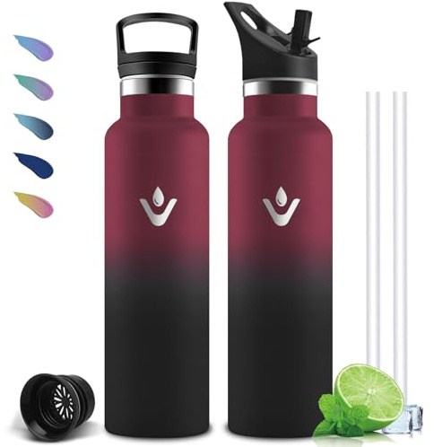 Gourde Isotherme, Gourde 1l, Sans BPA, Gourdes Paille, Anti Fuite, Gourdes Inox, Acier Inoxydable 18/8, Double Isolation, Bouteille d'eau pour Randonnée, Sportif, Camping, Aptitude