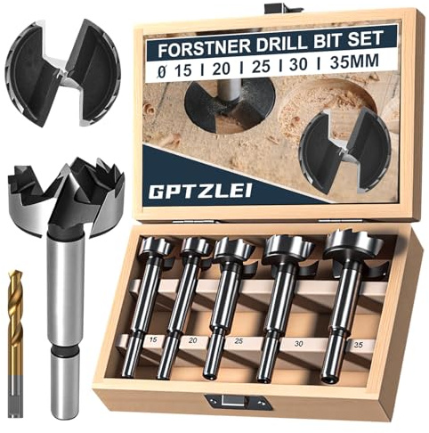 Gptzlei Mèche Forstner Bois 6 PCS (15/20/25/30/35mm) - Mèches à Façonner HSS Professionnel pour Charnière Cuisine 35mm - Foret Fond Plat Sans Éclat pour Meuble & Contreplaqué - Coffret Bois Inclus