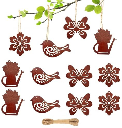 Rainway 12 piezas de decoración de primavera para colgar, colgante de madera para colgar, pájaro, mariposa, pétalos de flores, regadera, incluye cuerda de cáñamo envuelta en papel de 5 m y 1 mm