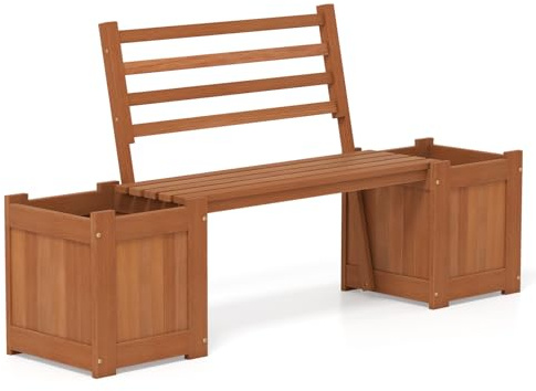 TANGZON Wood Planter Box with Bench, Raised Garden Bed with Seat & Open-ended Base, Outdoor Flower Planter Kit Patio Decor Bench for Garden Yard Balcony (Orange,Back+2 Planter Box, 172 x 46 x 91 cm)