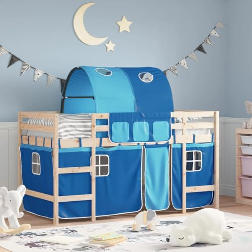 YunCangg Kinderhochbett mit Tunnel Blau 80x200 cm Massivholz Kiefer, Rausfallschutz, Leiter, Vorhang-Set, Stauraum unter Bett, geeignet für Kinder ab 6 Jahren