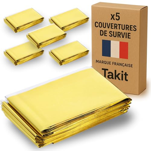 Takit Couverture De Survie 5X- Réutilisable - Extra Large - 210 * 160cm - Imperméable - Couverture Chauffante De Survie en Mylar pour Camping, Randonnée, Premiers Soins - Or & Gris