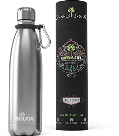 Greens Steel Edelstahl Trinkflasche - 500 ml, Silber I Doppelwandige vakuumisolierte Wasserflasche I Mit Karabiner & Geschenkbox I Wiederverwendbar & auslaufsicher für Erwachsene & Kinder, BPA frei