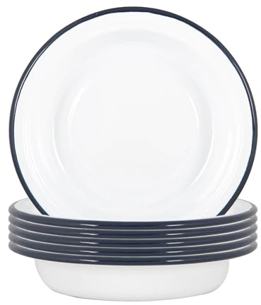 Argon Tableware White Deep Bowls - 19cm - Pack of 6 - Blue Metal Enamel Cereal Lightweight Camping Serving Bowls for Snacks, Pasta, Cereal, Salad