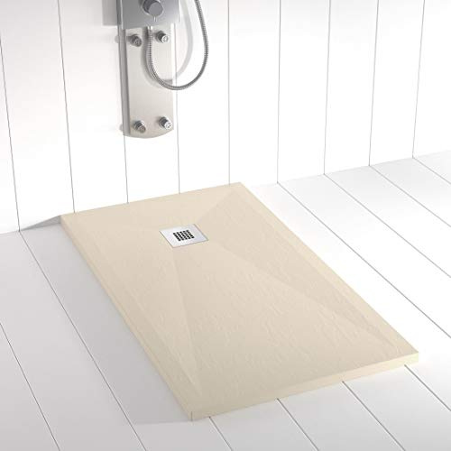 Plato de ducha resina PLES desagüe centrado color Crema 150x100 textura pizarra antideslizante rejilla inox con válvula