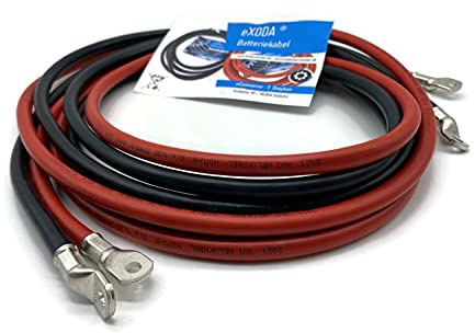 Exoda set di cavi batteria 35 mm² 300cm rosso nero M6 incisione | Cavo della batteria, sezione 35 mm², lunghezza 300 cm, altamente flessibile, resistente al calore fino a 70 °C, M6 Ø 6,7 mm,