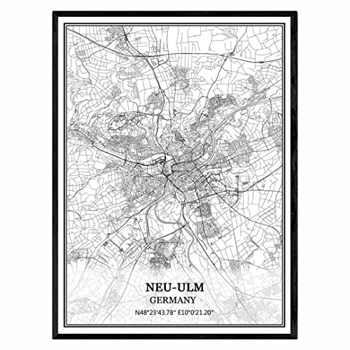 Neu-Ulm Tyskland karta väggkonst canvas tryck affisch konstverk utan ram modernt svartvitt kort souvenir present heminredning 28 x 36 cm