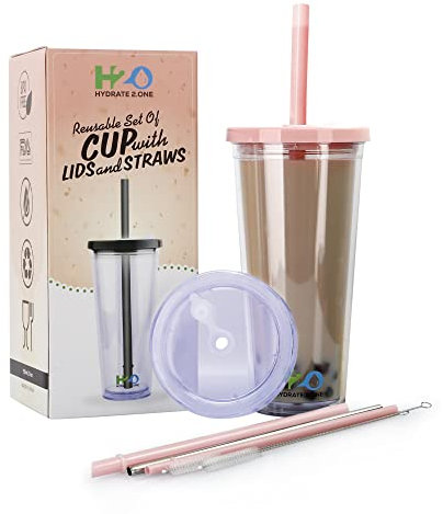 Bubble Tea Becher mit Strohhalm 2x Deckel - Trinkbecher Für Boba, Smoothie, Eiskaffee, Milchshake - 700ml Doppelwandig isoliert, BPA frei Plastikbecher Auslaufsicherer, Wiederverwendbar, Durchsichtig