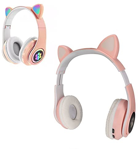 VBESTLIFE Cat Ear Bluetooth Headset,Cute Wireless Bluetooth Headset Earphone,Bass Foldable Wireless Headwear Breathing Lamp Headset,for Kids,Cat Ear Led Lights Design(Pink)