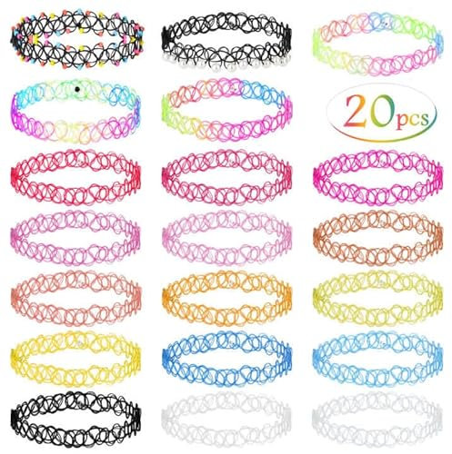 shynek 20er-Pack Tattoo-Halsketten-Set für Mädchen, modisches Stretch-Spitzen-Halsband, Gothic-Elastik-Kragen-Schmuck-Set für Frauen, Teenager-Mädchen
