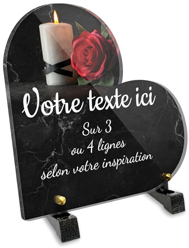 Placa funeraria corazón personalizable en plexi, diseño de vela y rosa roja, diferentes tamaños, grosor 6 mm, personalizado en varias líneas, 15 x 15 cm