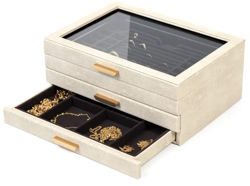 CASE ELEGANCE 3-stöckige Schmuckschatulle, Aufbewahrungsbox, Organizer für Frauen, Mädchen, Ehefrau, Glasdeckel für Ohrringe, Armbänder, Ringe, Halsketten, Shagreen, veganes Leder – groß