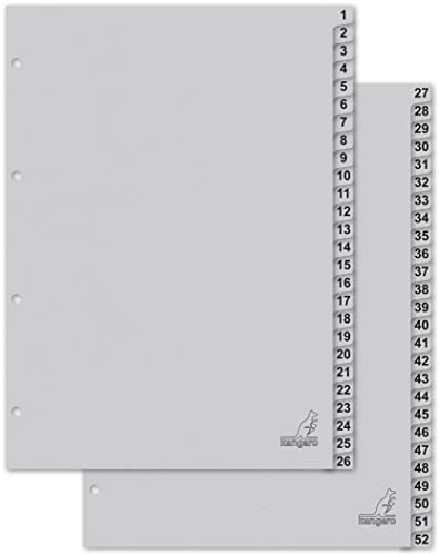 Kangaro Separadores de cartón DIN A4, números 1-52, 180 g/m², reciclado, cartón FSC gris, 52 piezas